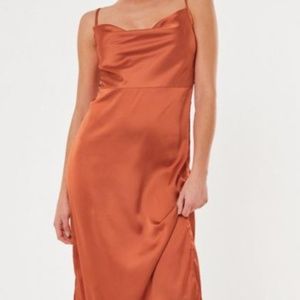 rust satin cowl neck dress